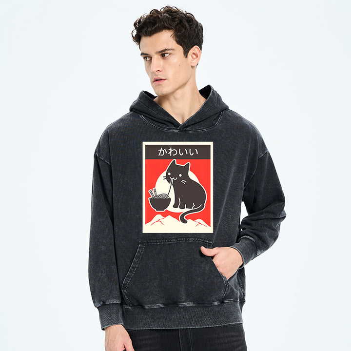 Kawaii Vintage Ramen Cat Washed Hoodie