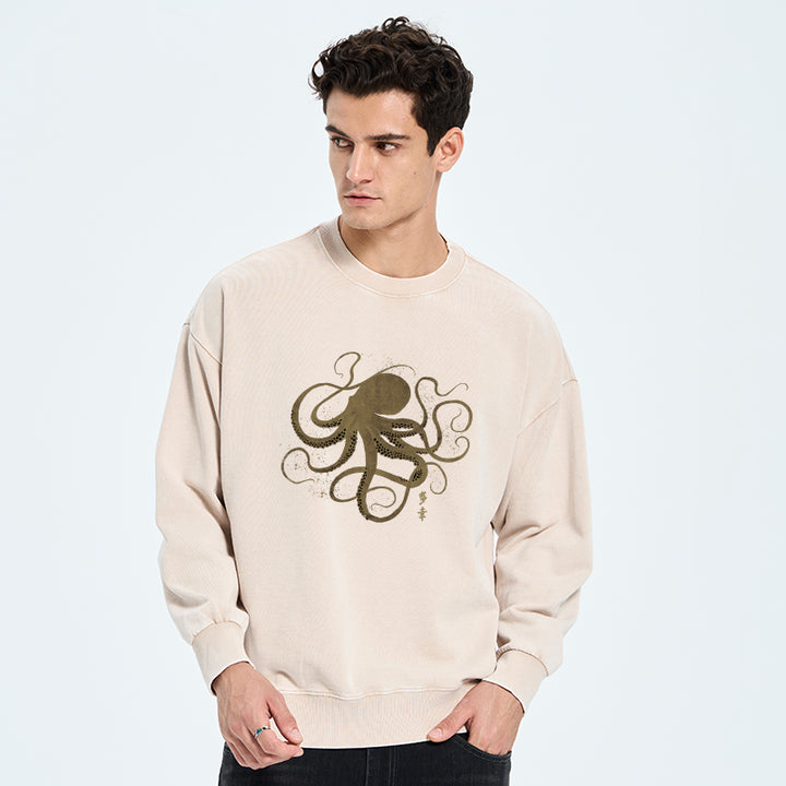 Octopus Japanese Gold Print Tattoo Washed Sweatshirt