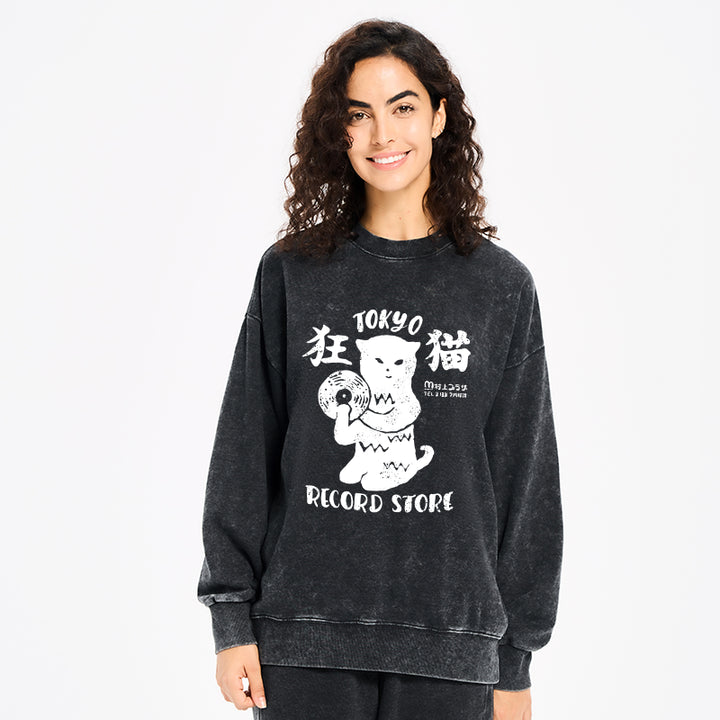 Tokyo Record Store Cat CD Washed Sweatshirt