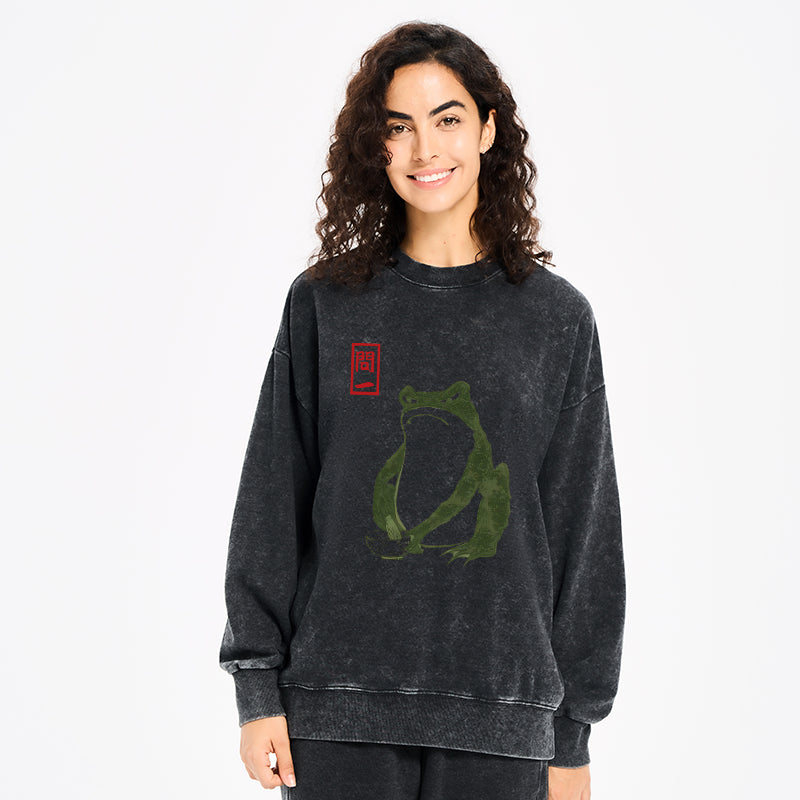 Woodblock Print Frog Washed Sweatshirt