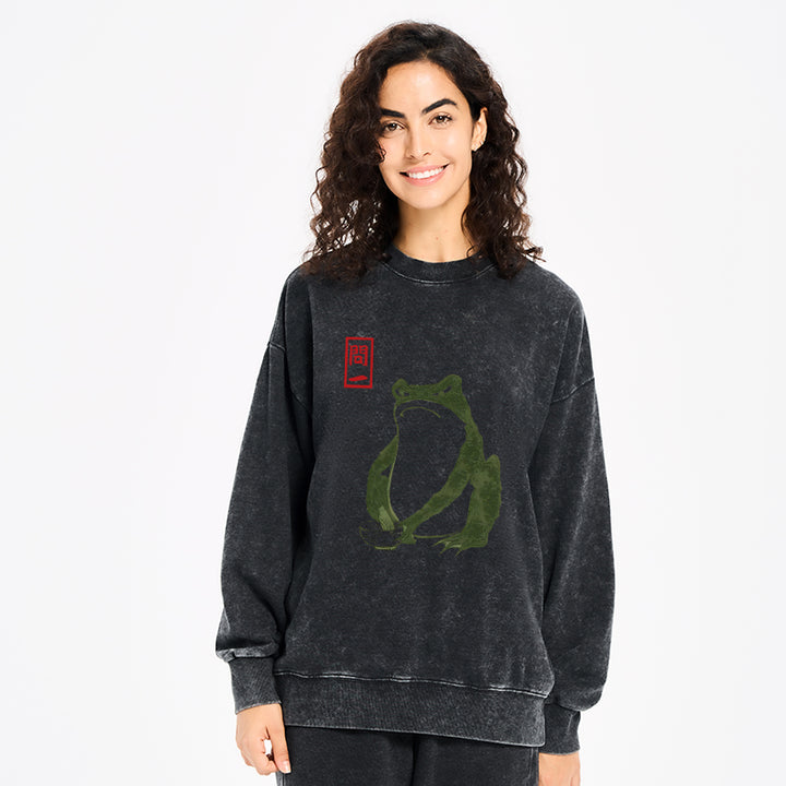 Woodblock Print Frog Washed Sweatshirt