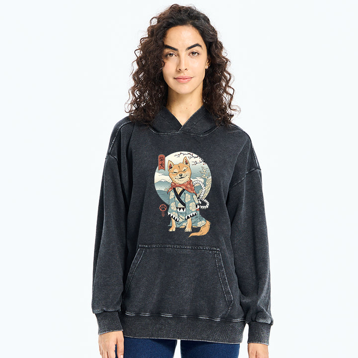 Samurai Shiba Dog Japanese Washed Hoodie