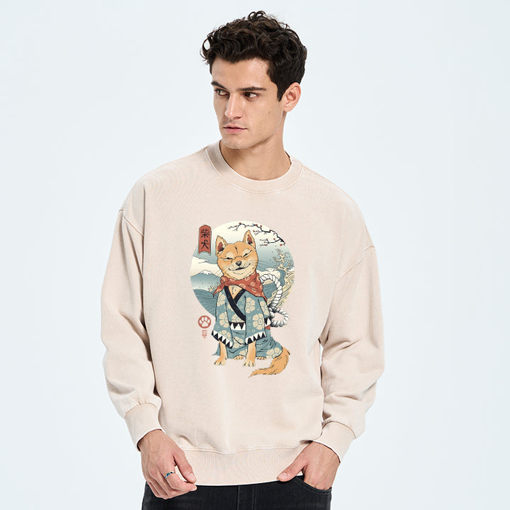Samurai Shiba Dog Japanese Washed Sweatshirt