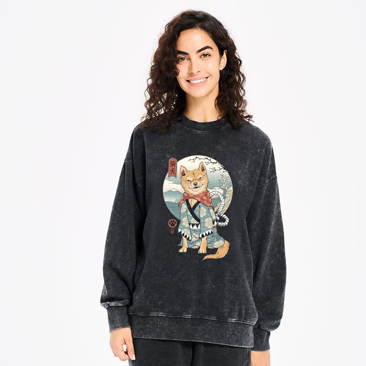 Samurai Shiba Dog Japanese Washed Sweatshirt