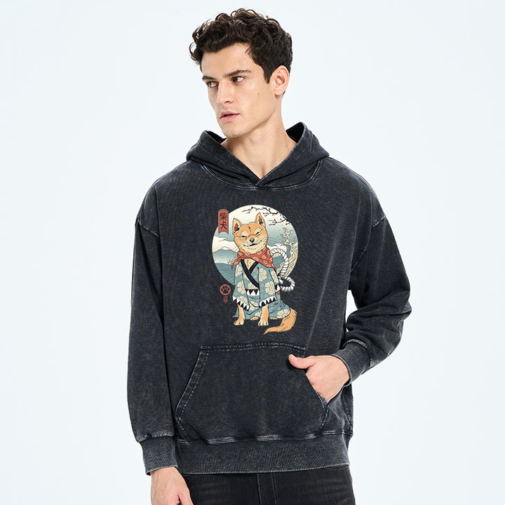 Samurai Shiba Dog Japanese Washed Hoodie