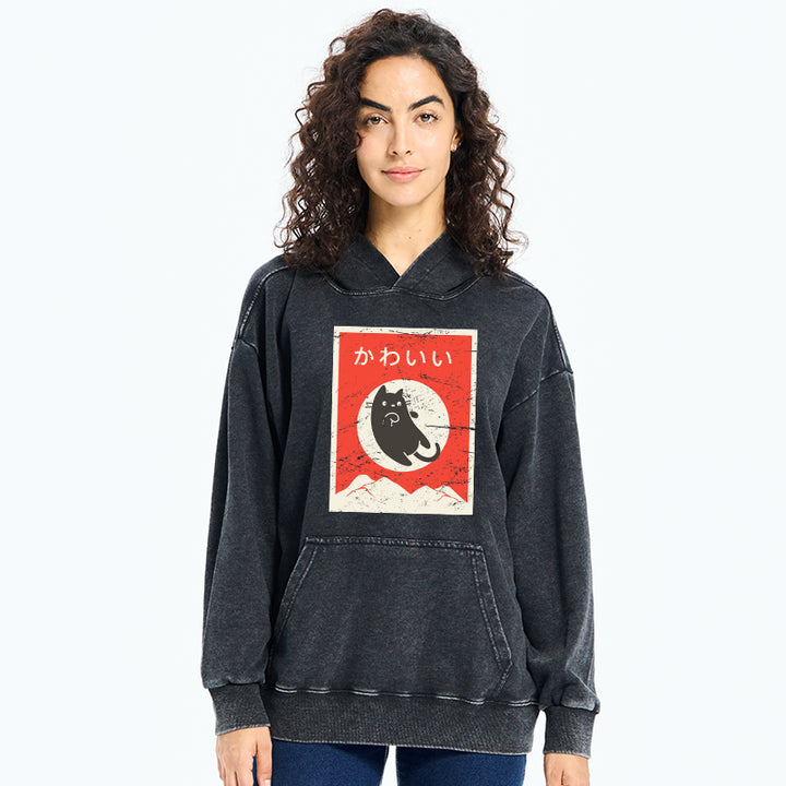 Cute Black Cat Japanese Washed Hoodie