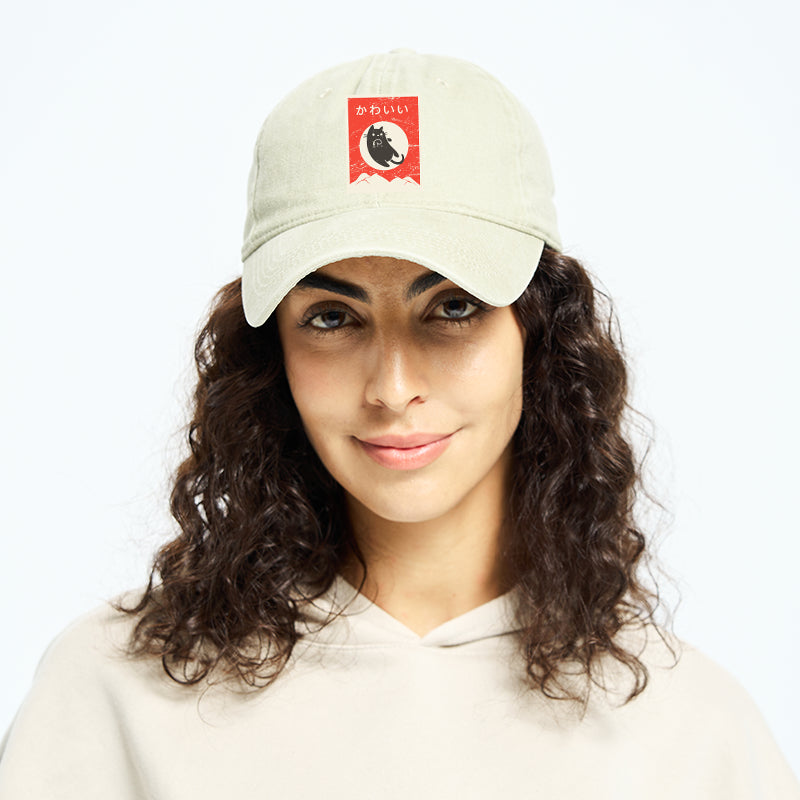 Cute Black Cat Japanese Washed Cap