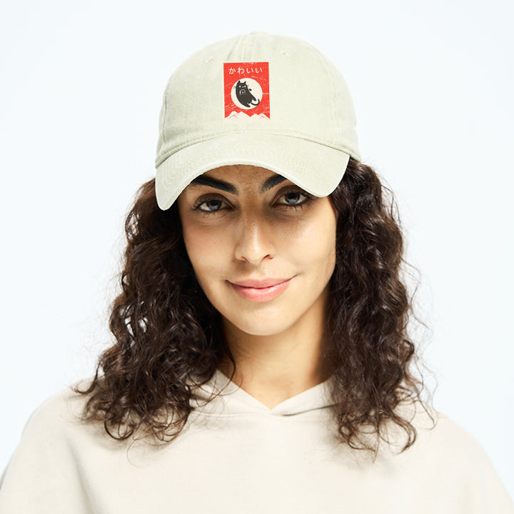 Cute Black Cat Japanese Washed Cap