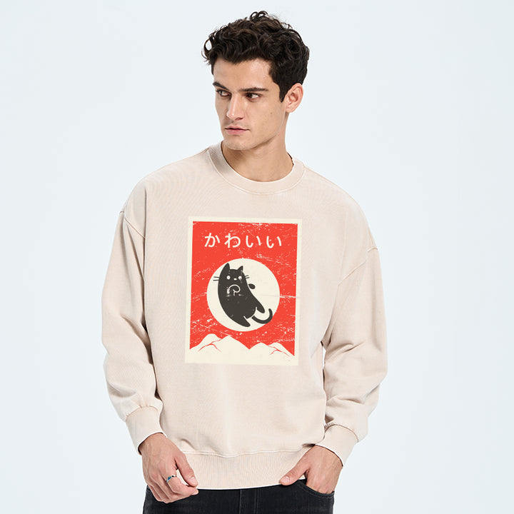 Cute Black Cat Japanese Washed Sweatshirt