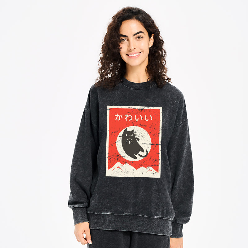 Cute Black Cat Japanese Washed Sweatshirt