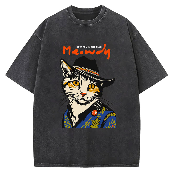 Funny Cat Design Washed Crew Neck T-Shirt