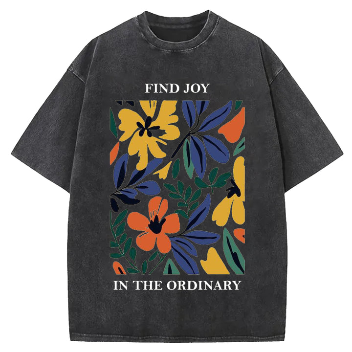 Vintage Flower Design Washed Crew Neck T-shirt