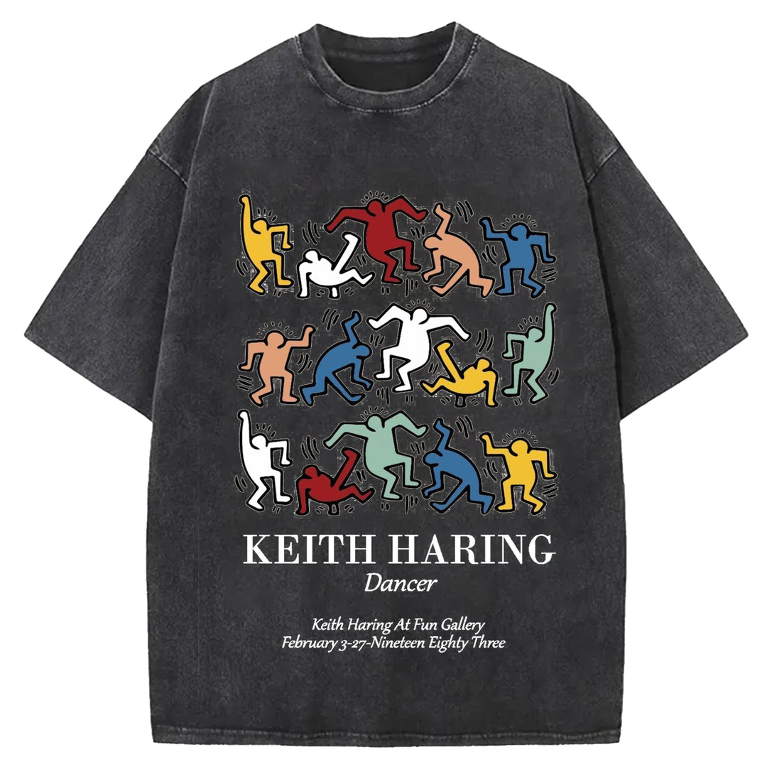 Keith Haring Dancer Vintage Design Washed Crew Neck T-Shirt