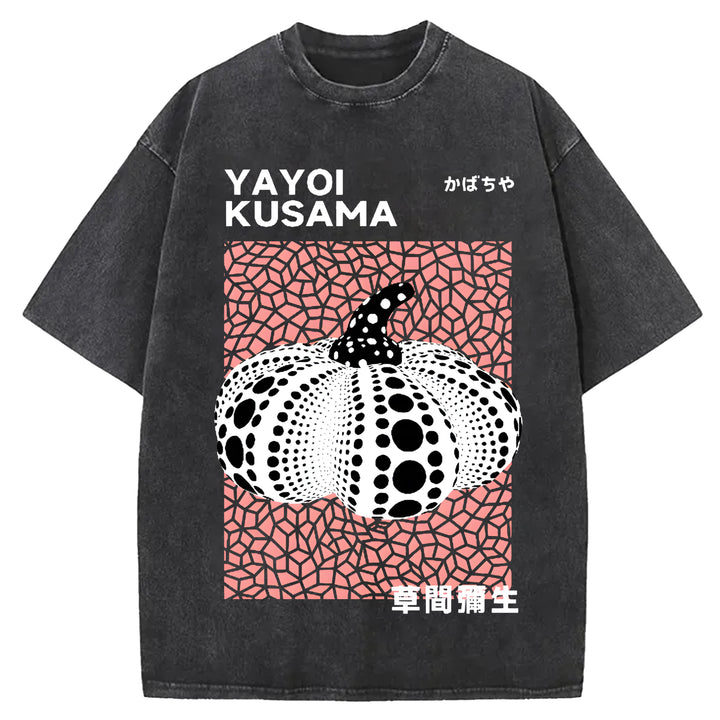 Yayoi Kusama Polka Dot Pumpkin Vintage Design Washed Crew Neck T-Shirt