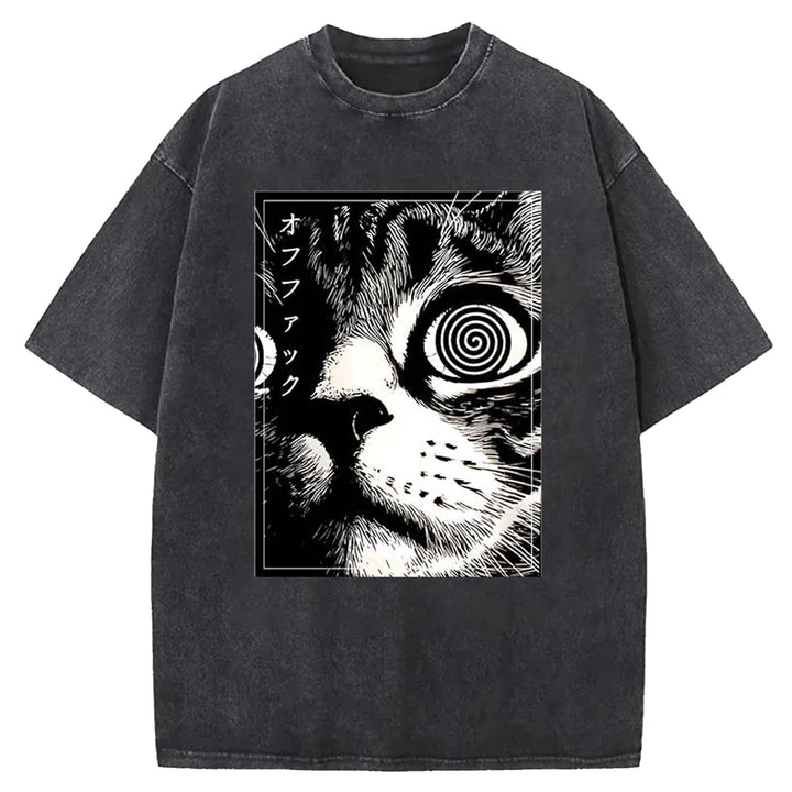 Psychedelic Cat Washed Crew Neck T-shirt