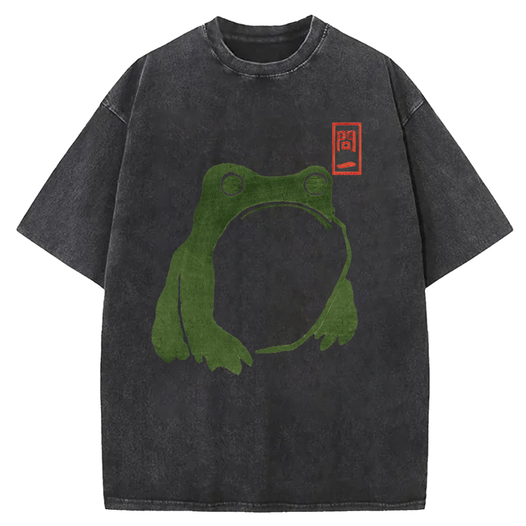 Retro Frog Design Washed Crew Neck T-Shirt