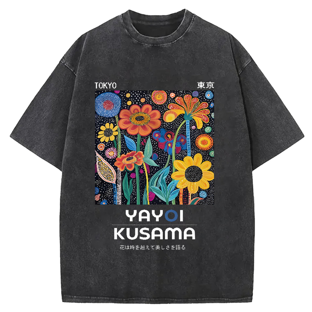 Yayoi Kusama Flower Vintage Japanese Design Washed Crew Neck T-Shirt