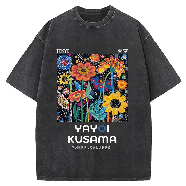 Yayoi Kusama Flower Vintage Japanese Design Washed Crew Neck T-Shirt