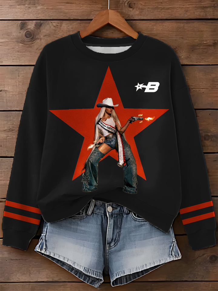 Beyonce Star Design Printed Long Sleeve Casual Top