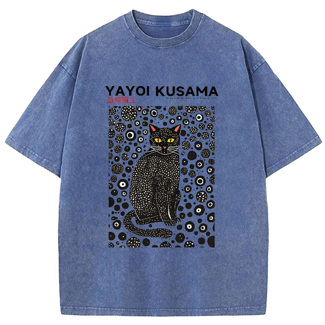 Yayoi Kusama Cat Vintage Japanese Design Washed Crew Neck T-Shirt