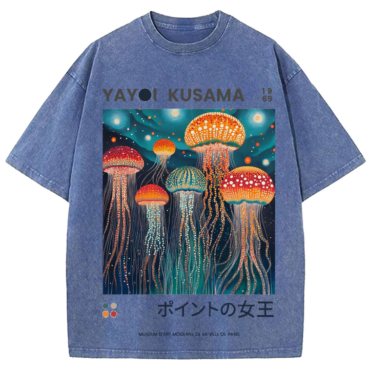 Yayoi Kusama Jellyfish Vintage Design Washed Crew Neck T-Shirt