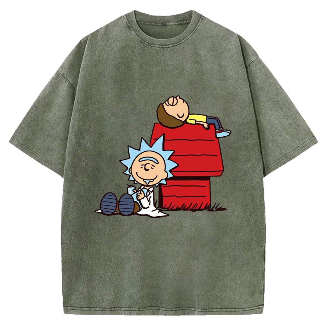 Funny Cartoon Washed Crew Neck T-Shirt