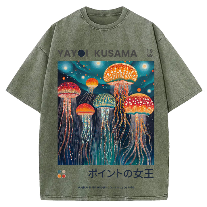 Yayoi Kusama Jellyfish Vintage Design Washed Crew Neck T-Shirt