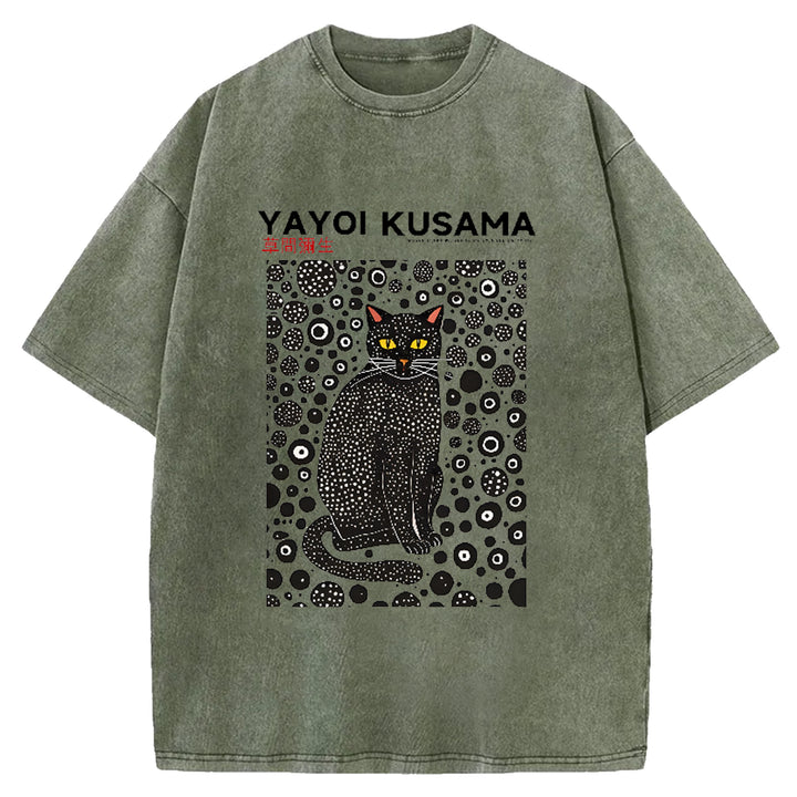 Yayoi Kusama Cat Vintage Japanese Design Washed Crew Neck T-Shirt