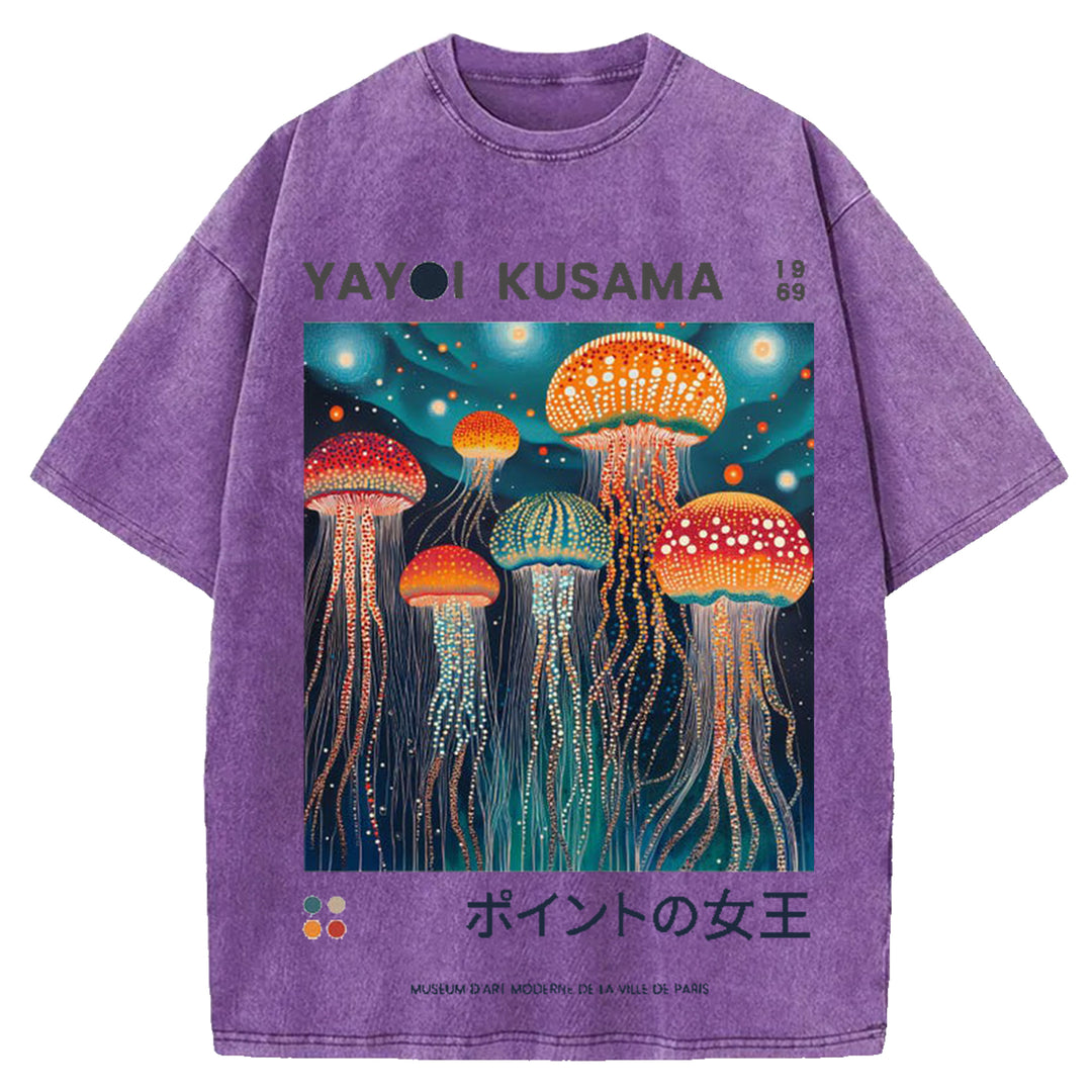 Yayoi Kusama Jellyfish Vintage Design Washed Crew Neck T-Shirt