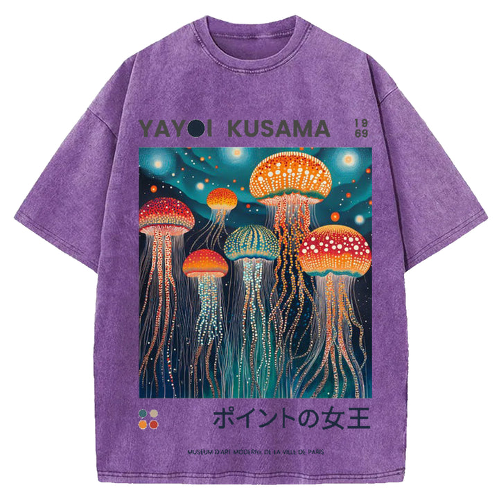 Yayoi Kusama Jellyfish Vintage Design Washed Crew Neck T-Shirt