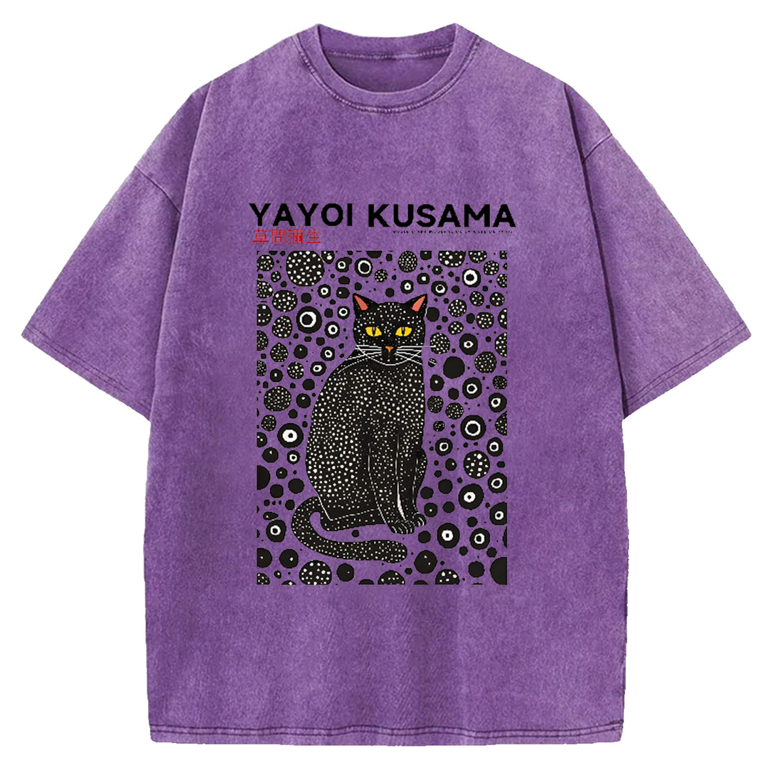 Yayoi Kusama Cat Vintage Japanese Design Washed Crew Neck T-Shirt