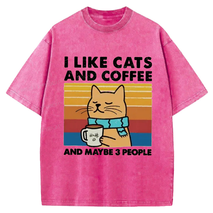 I LiKE CATS AND COFFEE AND MAYBE 3 PEOPLE Washed Crew Neck T-shirt