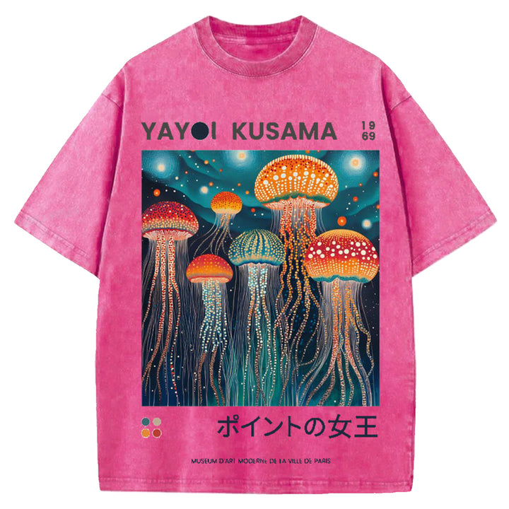 Yayoi Kusama Jellyfish Vintage Design Washed Crew Neck T-Shirt