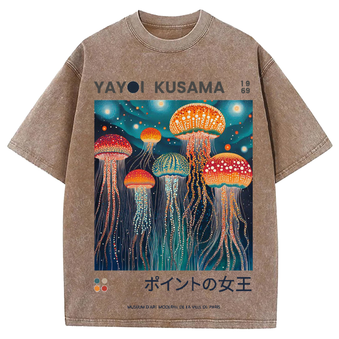 Yayoi Kusama Jellyfish Vintage Design Washed Crew Neck T-Shirt