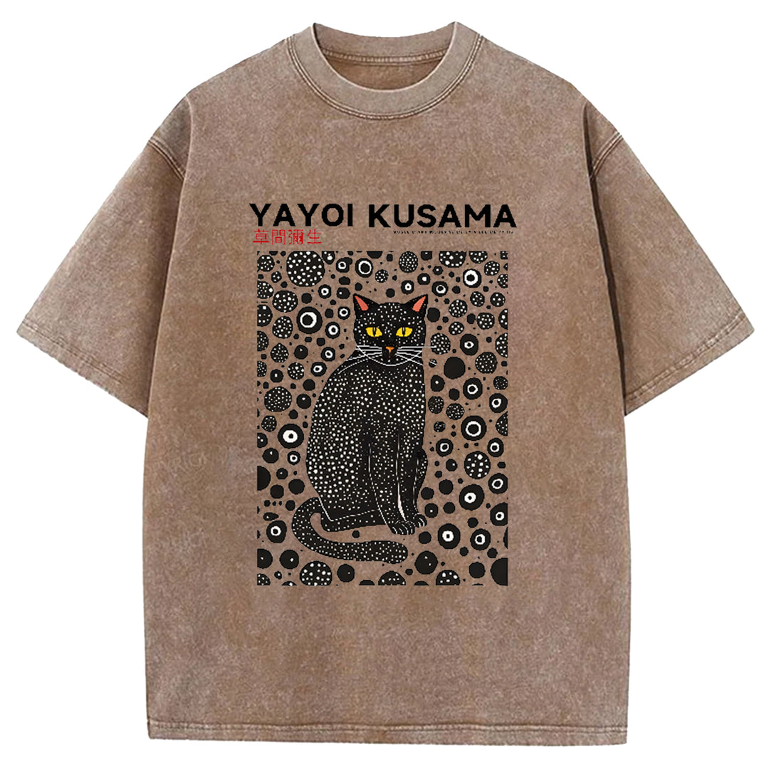 Yayoi Kusama Cat Vintage Japanese Design Washed Crew Neck T-Shirt