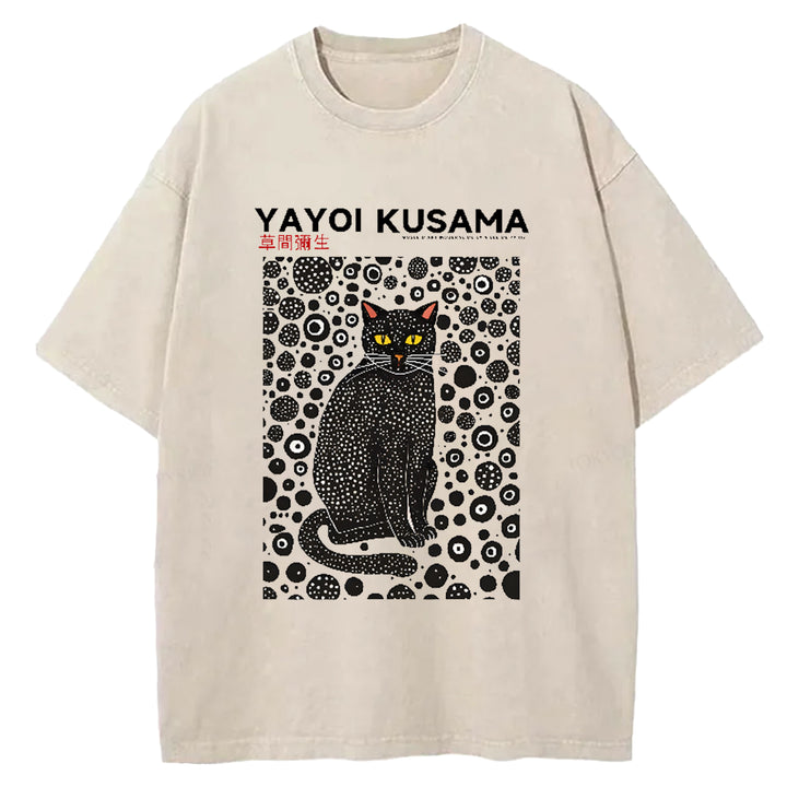 Yayoi Kusama Cat Vintage Japanese Design Washed Crew Neck T-Shirt