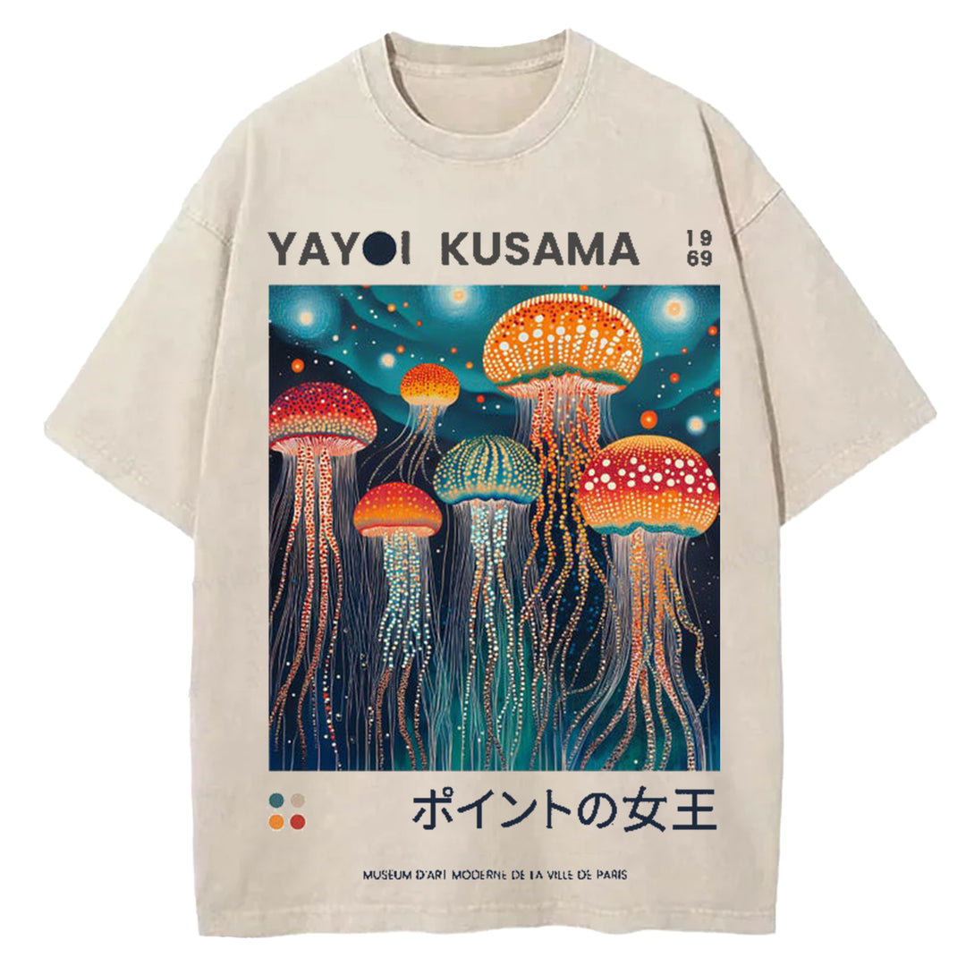 Yayoi Kusama Jellyfish Vintage Design Washed Crew Neck T-Shirt