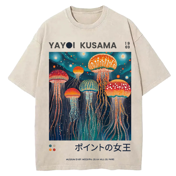 Yayoi Kusama Jellyfish Vintage Design Washed Crew Neck T-Shirt