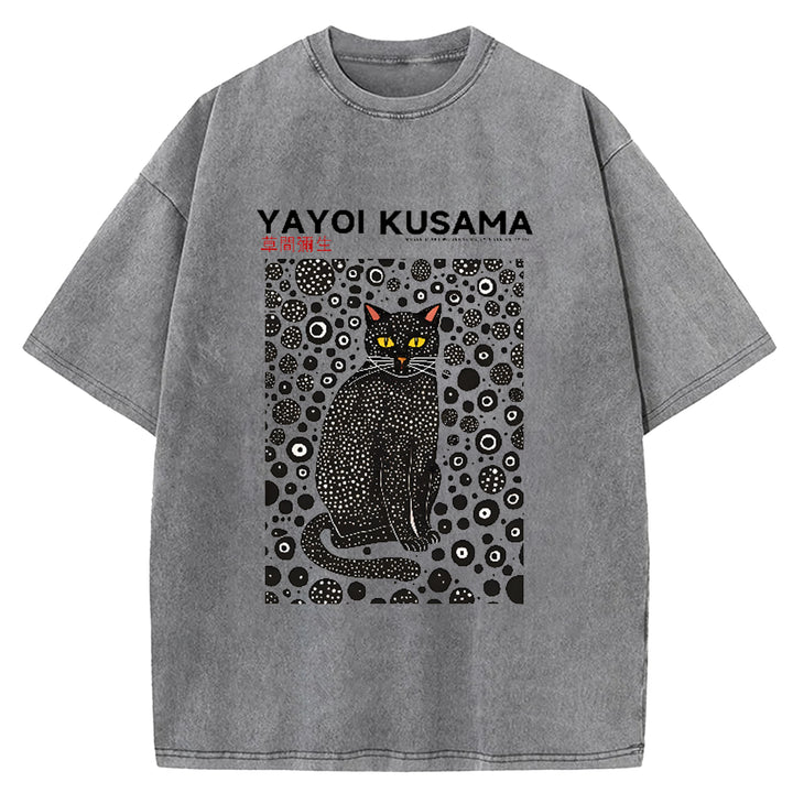 Yayoi Kusama Cat Vintage Japanese Design Washed Crew Neck T-Shirt