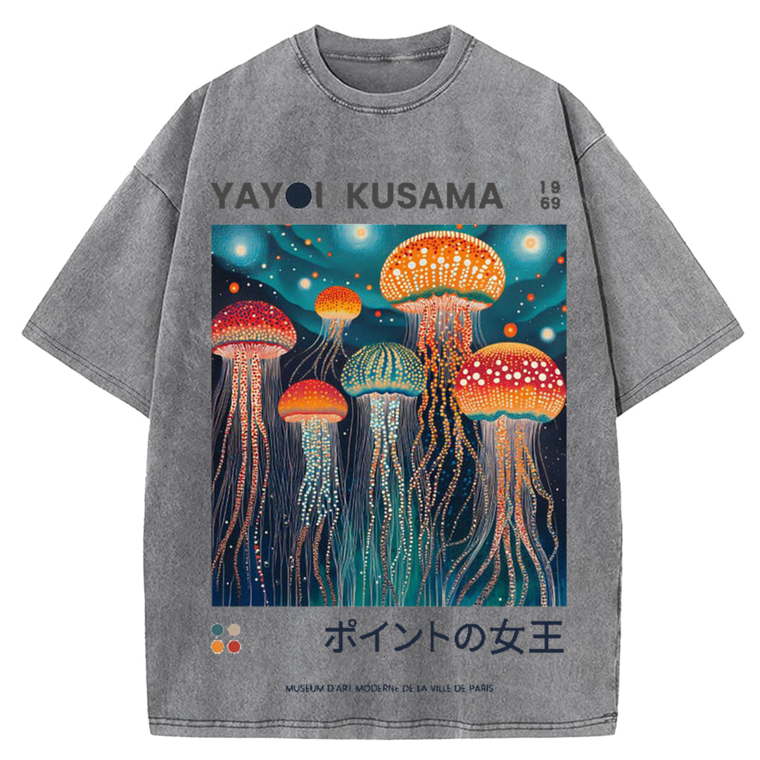 Yayoi Kusama Jellyfish Vintage Design Washed Crew Neck T-Shirt
