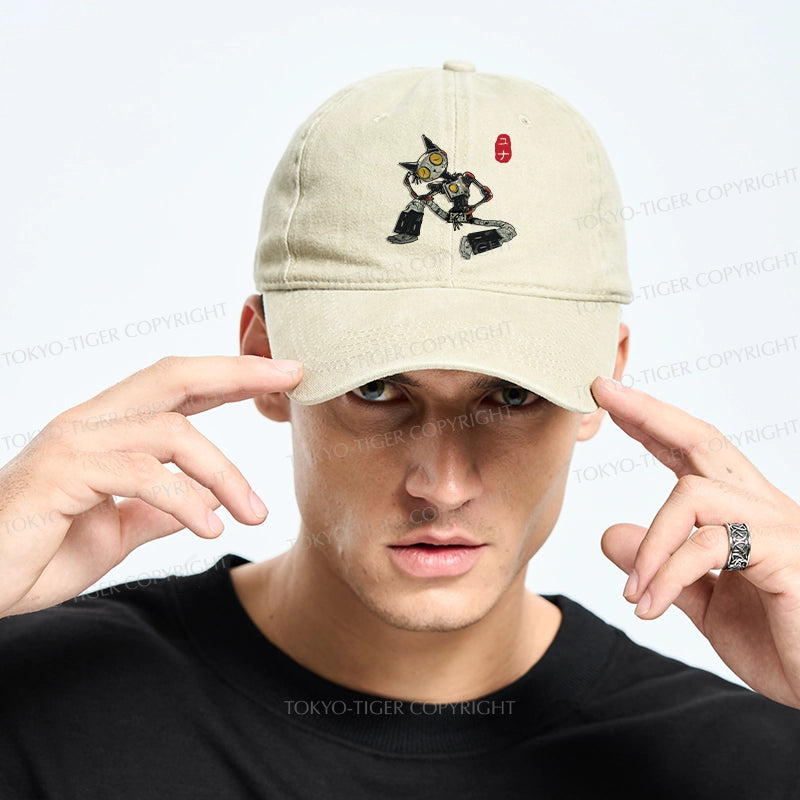 Contemplative Robot Cat Washed Cap