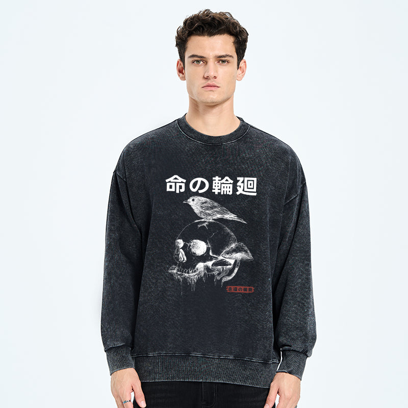 Mushroom Skull Manga Horror Print Washed Sweatshirt