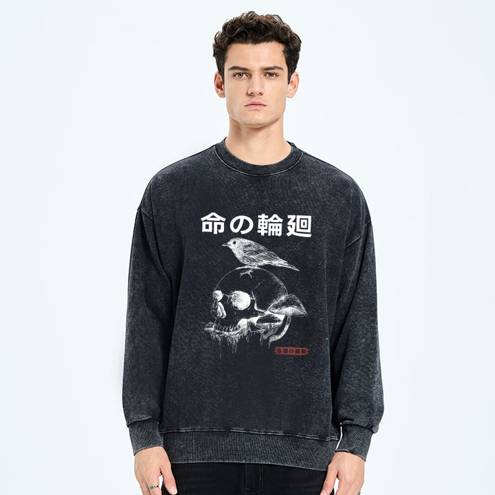 Mushroom Skull Manga Horror Print Washed Sweatshirt