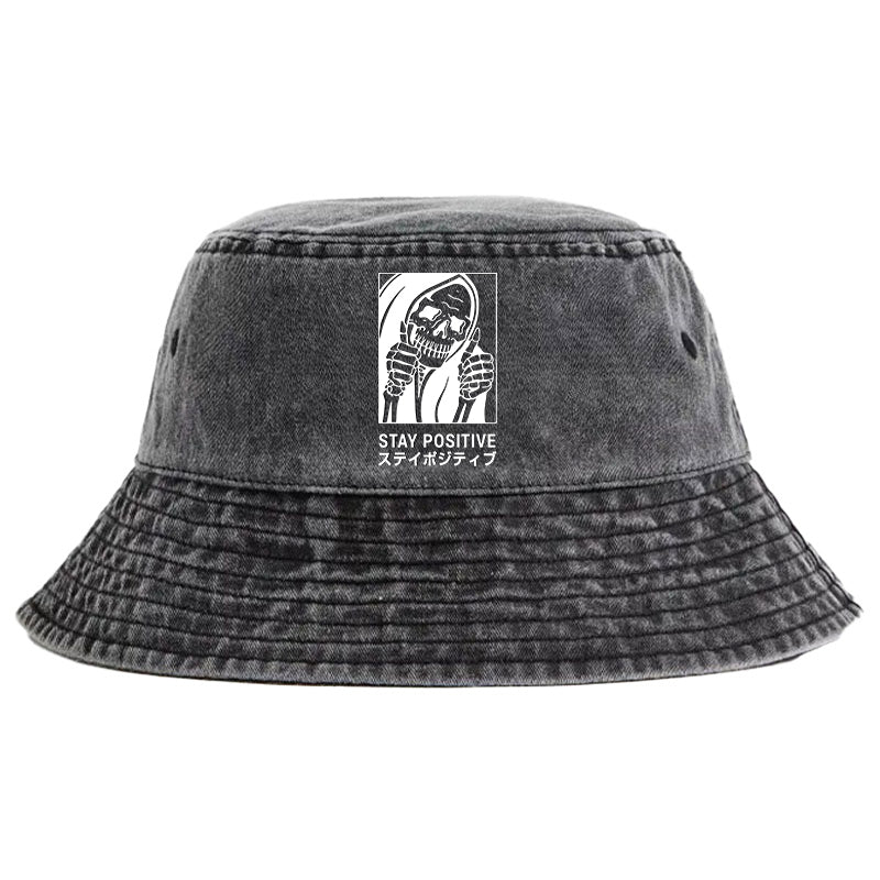Stay Positive Skeleton Washed Bucket Hat