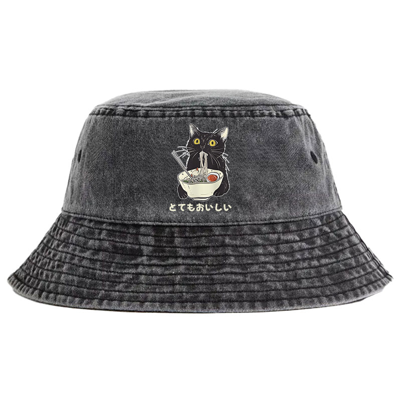 Cats Eat Ramen Noodles Washed Bucket Hat