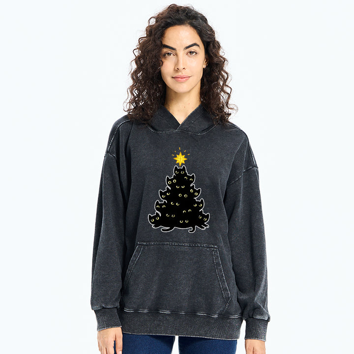 Black Cat Christmas Tree Washed Hoodie