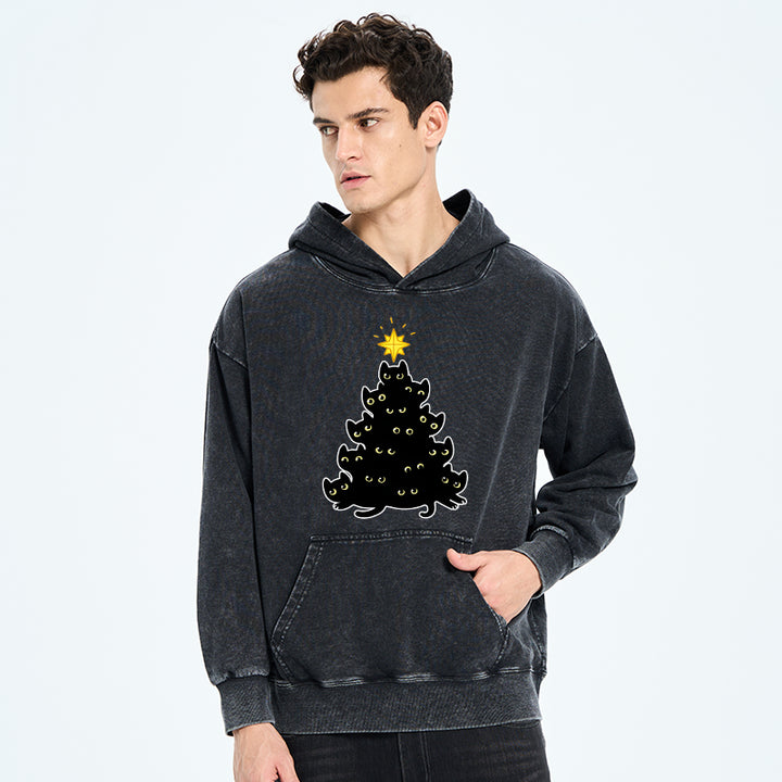 Black Cat Christmas Tree Washed Hoodie