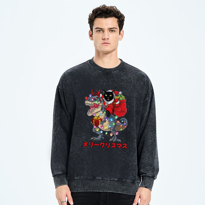 Cat Riding Dinosaur Christmas Washed Sweatshirt