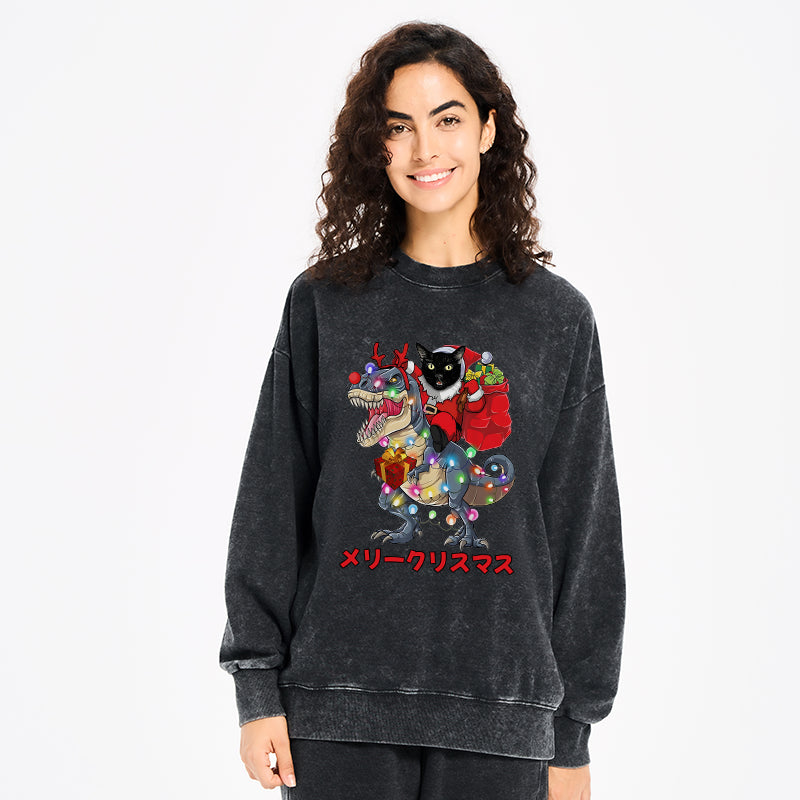 Cat Riding Dinosaur Christmas Washed Sweatshirt