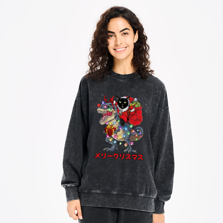 Cat Riding Dinosaur Christmas Washed Sweatshirt